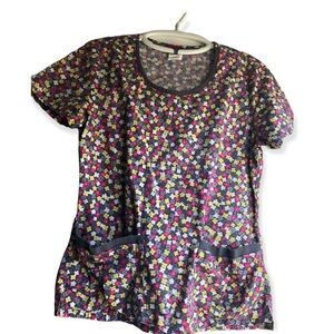 Dixies Scrub Top Women’s Size Small‎ Pocket Pullover Pink Yellow Gray Medical